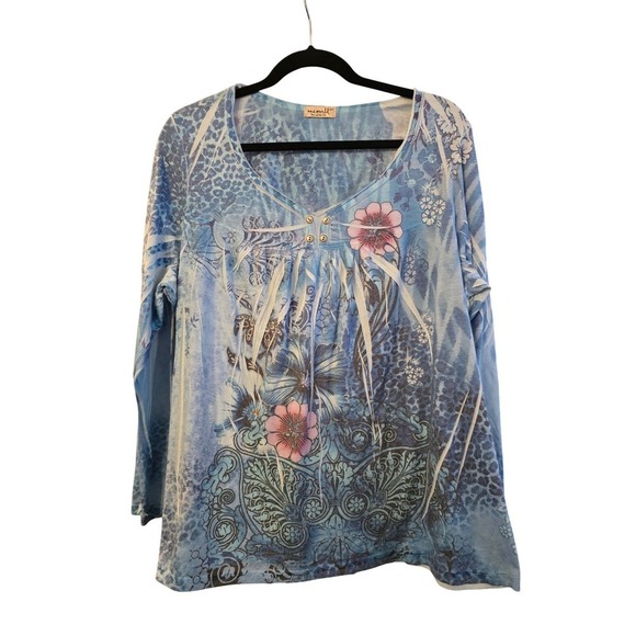 ONE WORLD Tops - One World 2X Blue Floral Embellished Long Sleeve Top‎ Blouse